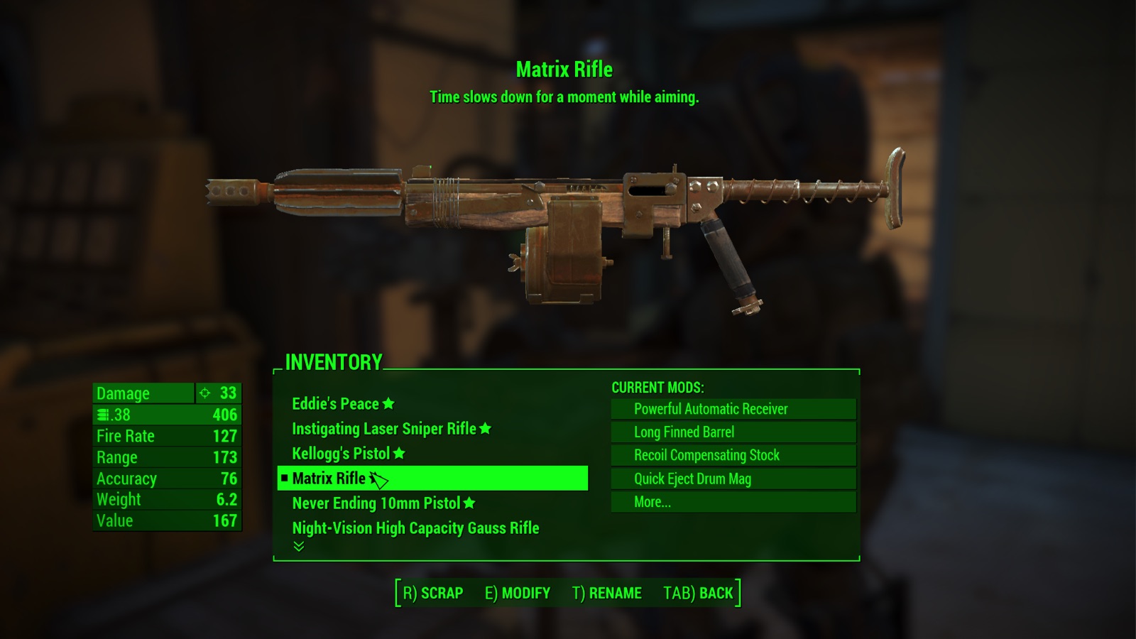 The Matrix Rifle in the Fallout 4 weapon workbench