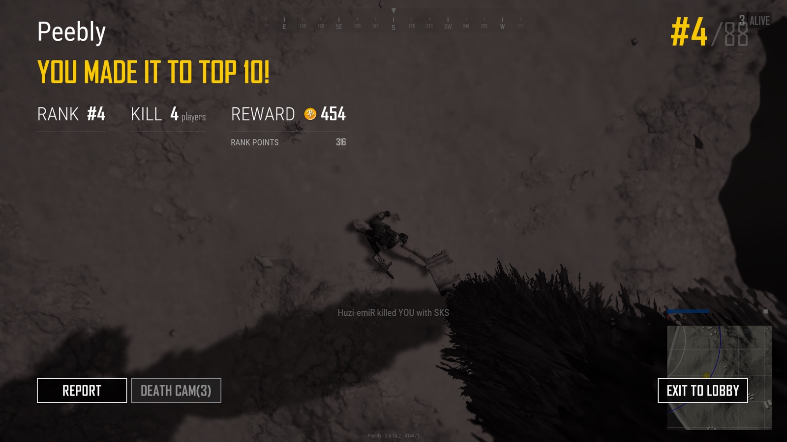 PUBG results screen showing a second-place finish